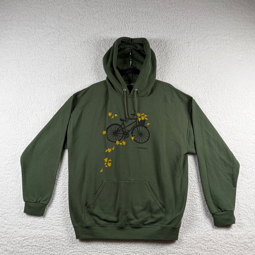 Marushka Hand Printed Bicycle Leaves Hoodie Forest Green Sweatshirt Mens XL Art